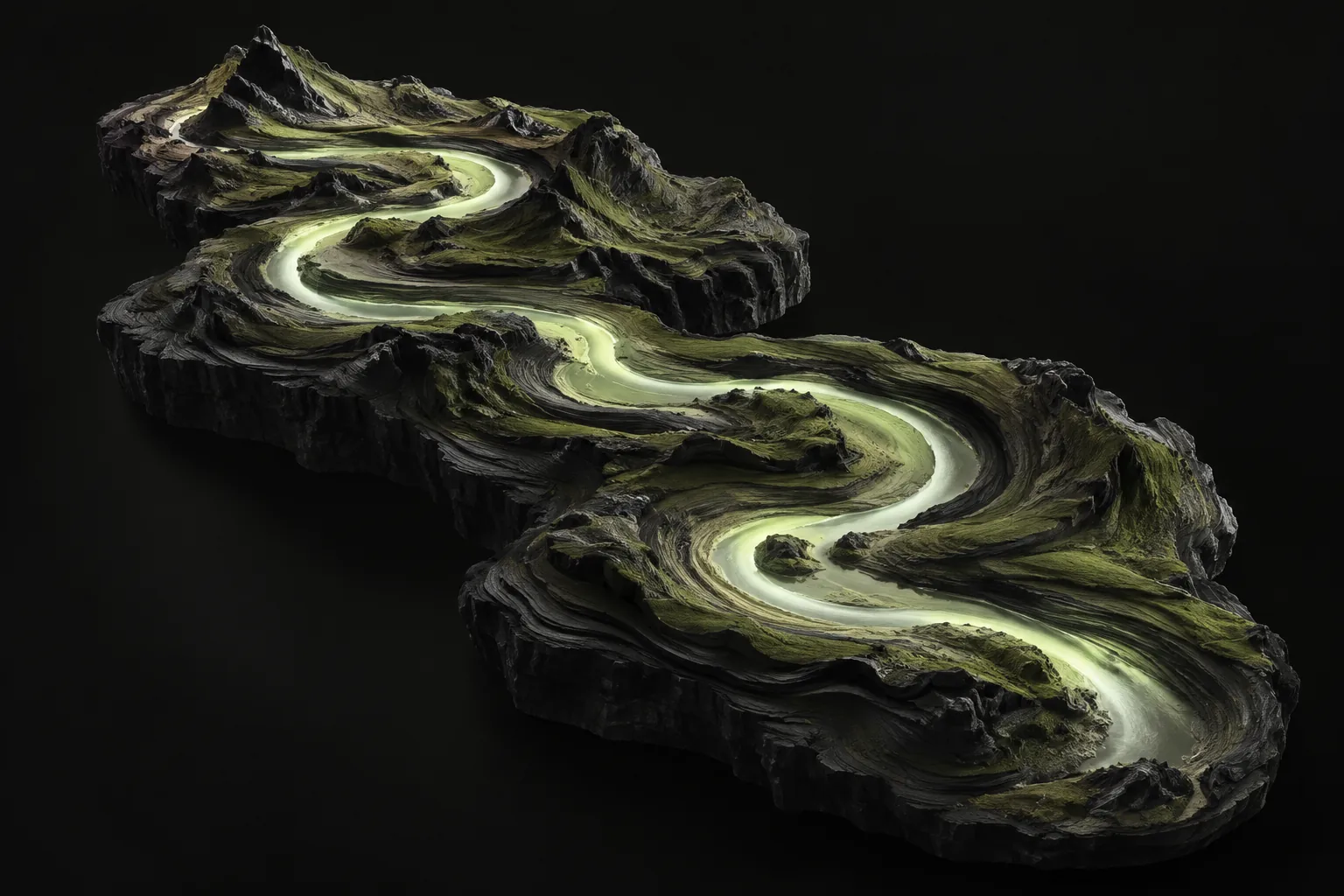 Studio artwork studying a river-like form moving through a textured landscape.