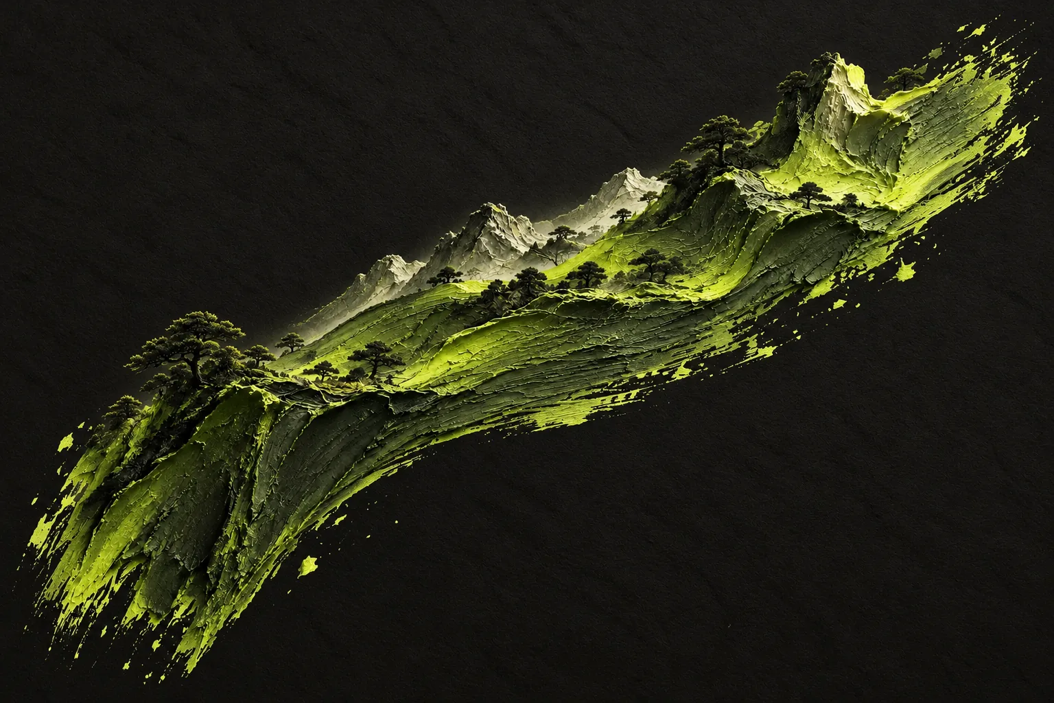 Studio artwork of an expressive landscape shaped from textured brushstrokes against a dark background.